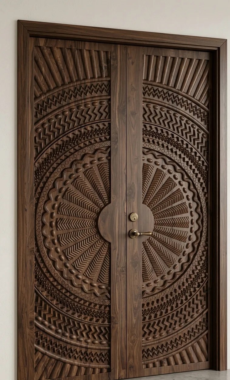 Circular engraved wooden double door