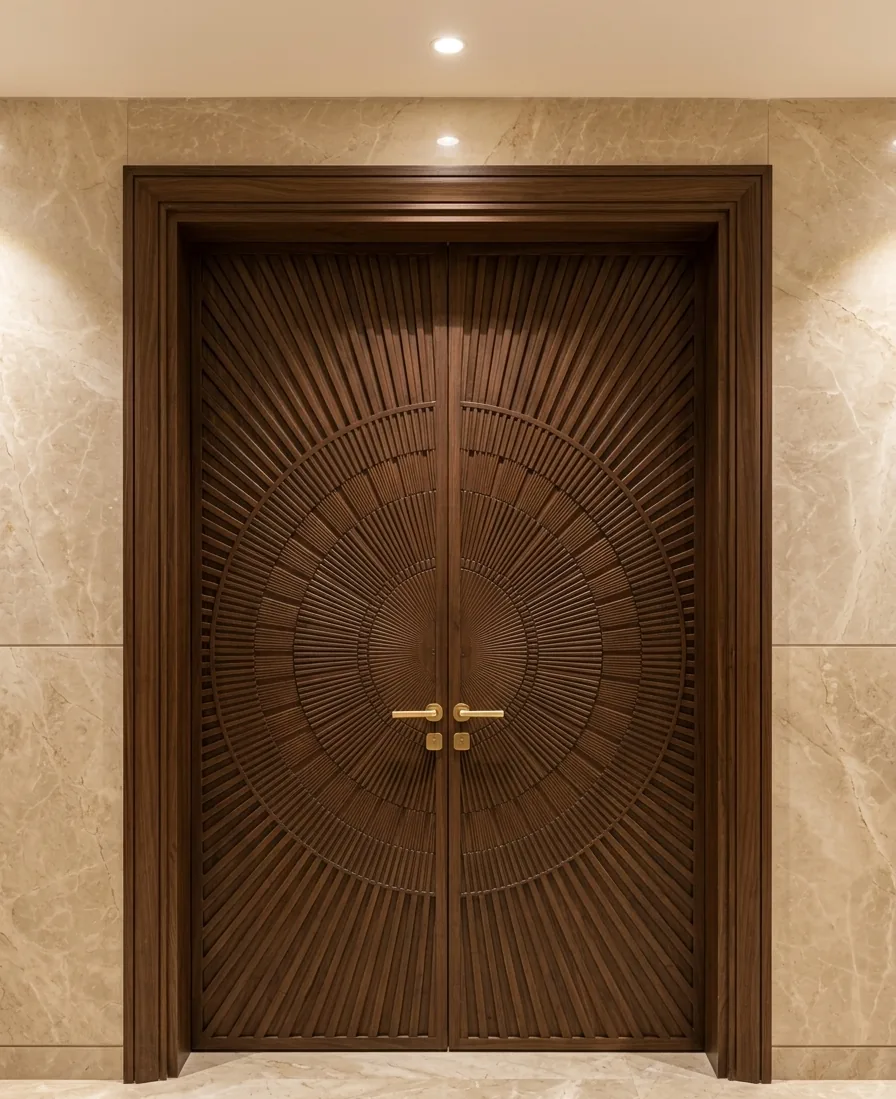 Radial engraved wooden double door